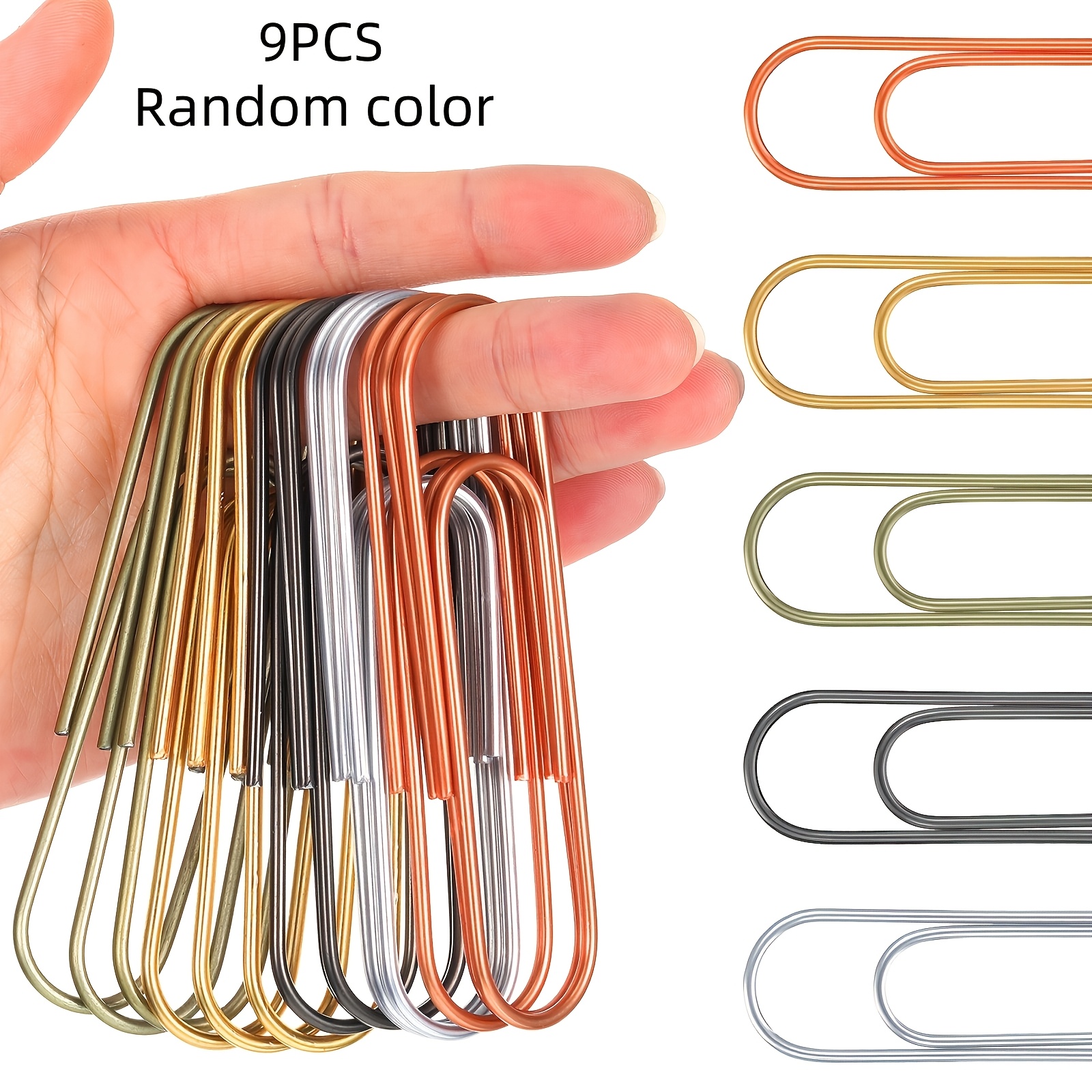 TEMU 9pcs Random Color 100mm Metal Colorful Giant Paperclips, Glossy-coated Extra-large Paperclips, Suitable For Bookmarks, Office, School, Home