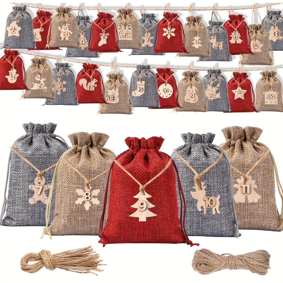 

24pcs Christmas Calendar Drawstring , Burlap Pouches , & , Diy Decor & Toy