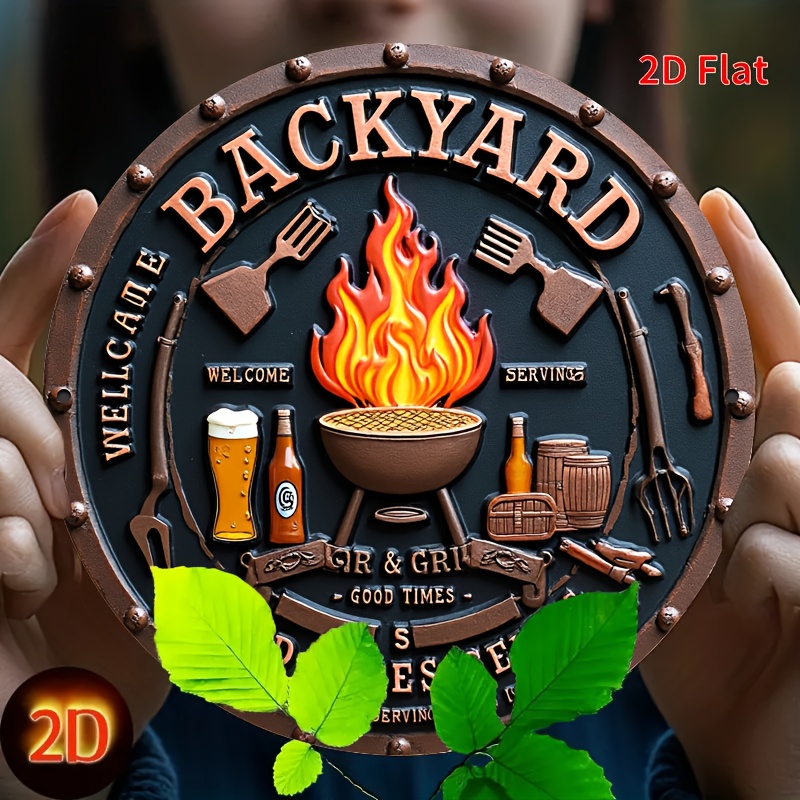 TEMU 2d Flat - A Vintage Backyard Barbecue Metal Sign In A Circular Shape, Made Of Aluminum, Featuring Classic Bar And Barbecue Scenes. Reusable For