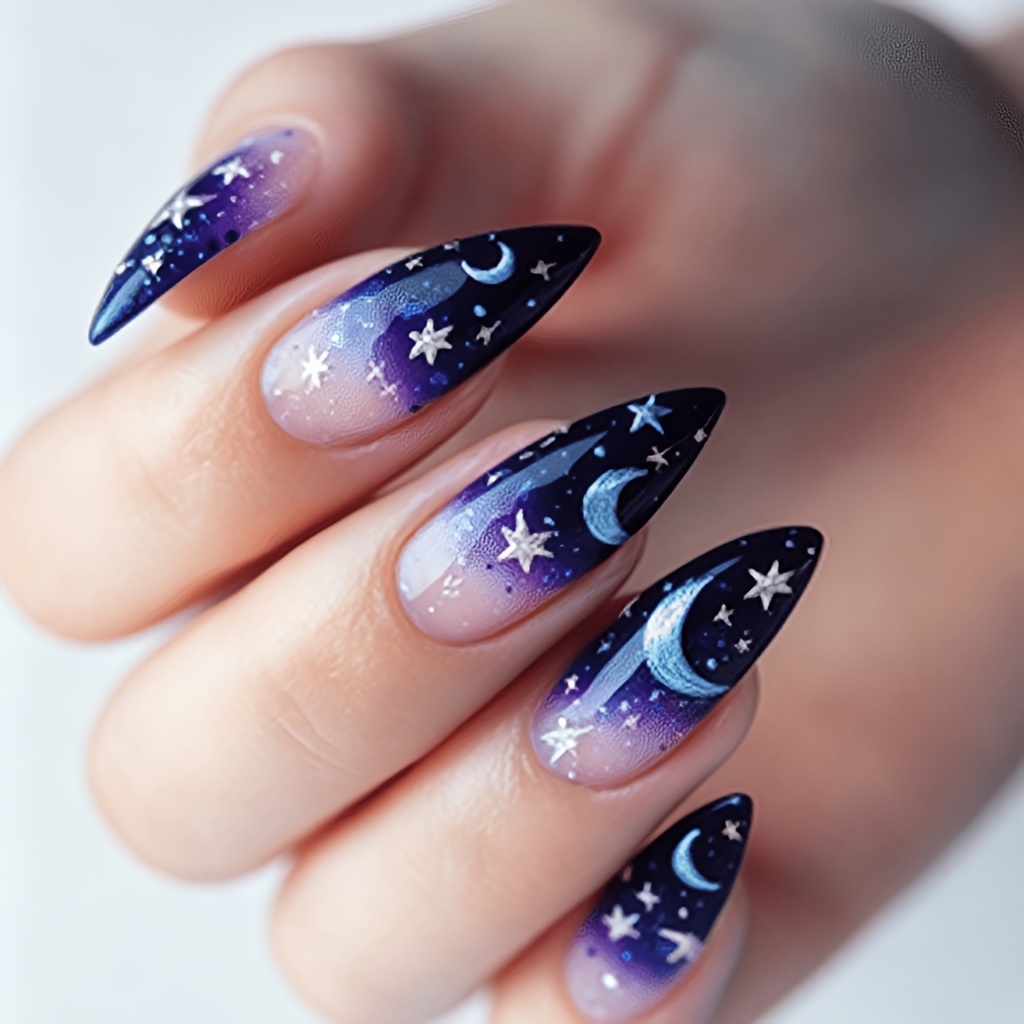 TEMU Ensemble de 24 faux ongles de longueur moyenne de , motif bleu et étoile, faux ongles à coller réutilisables, faux ongles, faux ongles à coller