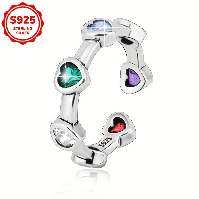 

Elegant Adjustable S925 Sterling Heart Ring With Colorful Gemstones - Vintage Style, Birthstone, Or Gifting, Senior Lady, Fashion Retro