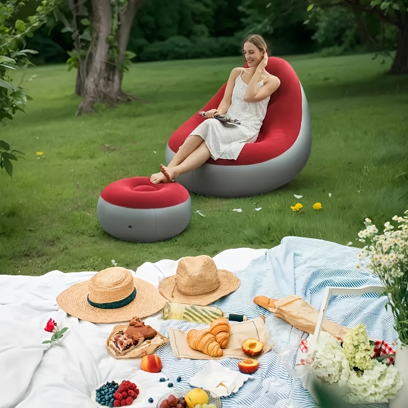 [Inflatable Sofa] 1pc Portable Inflatable Plush Sofa Lounger | Foldable with Footrest, Outdoor Recliner Chair for Camping Use