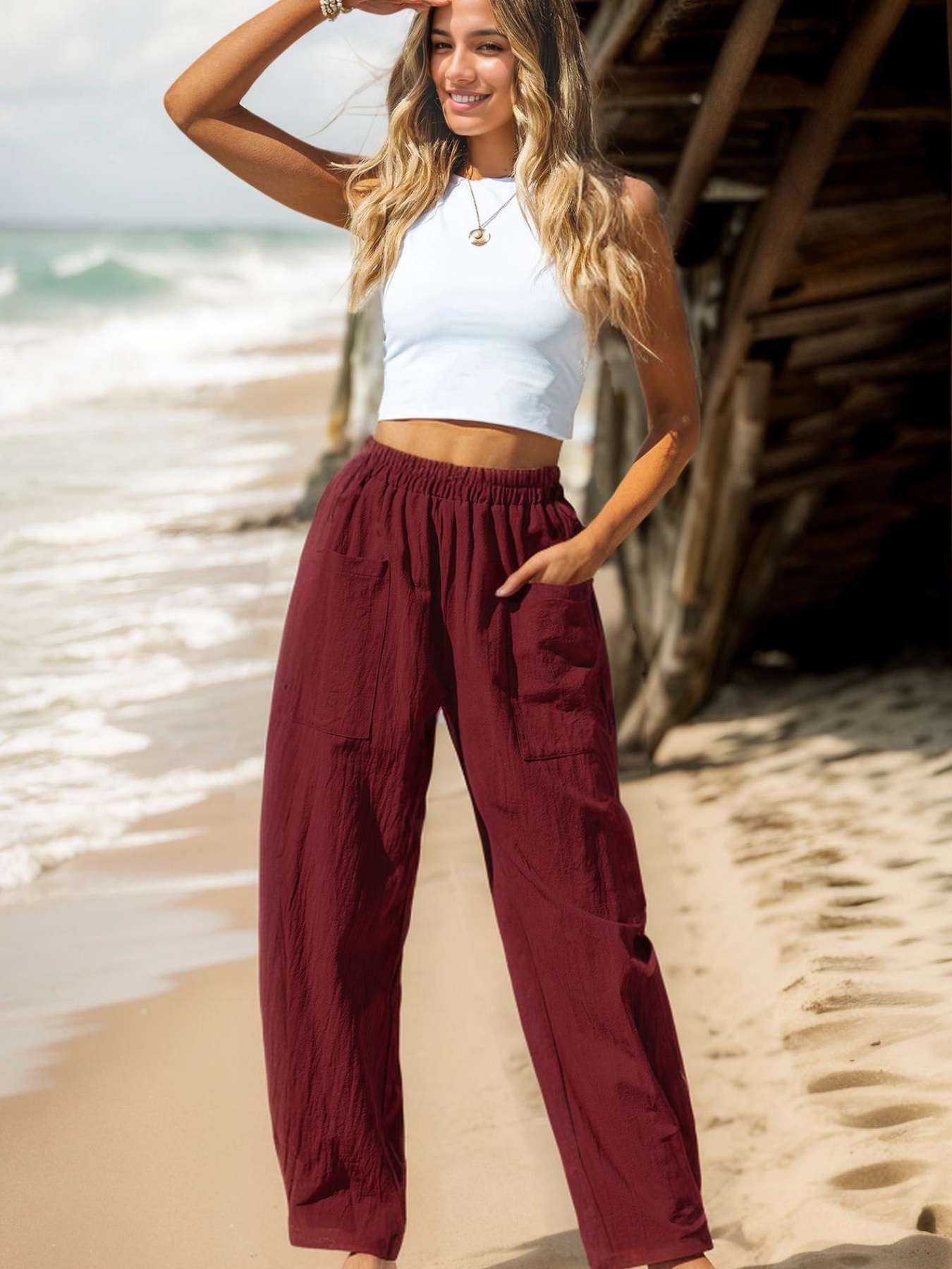UMIPUBO Pantalon Femme Été Coton Fluide Légers Taille Élastique Wide Leg Avec Poches - Décontracté Casual Plage