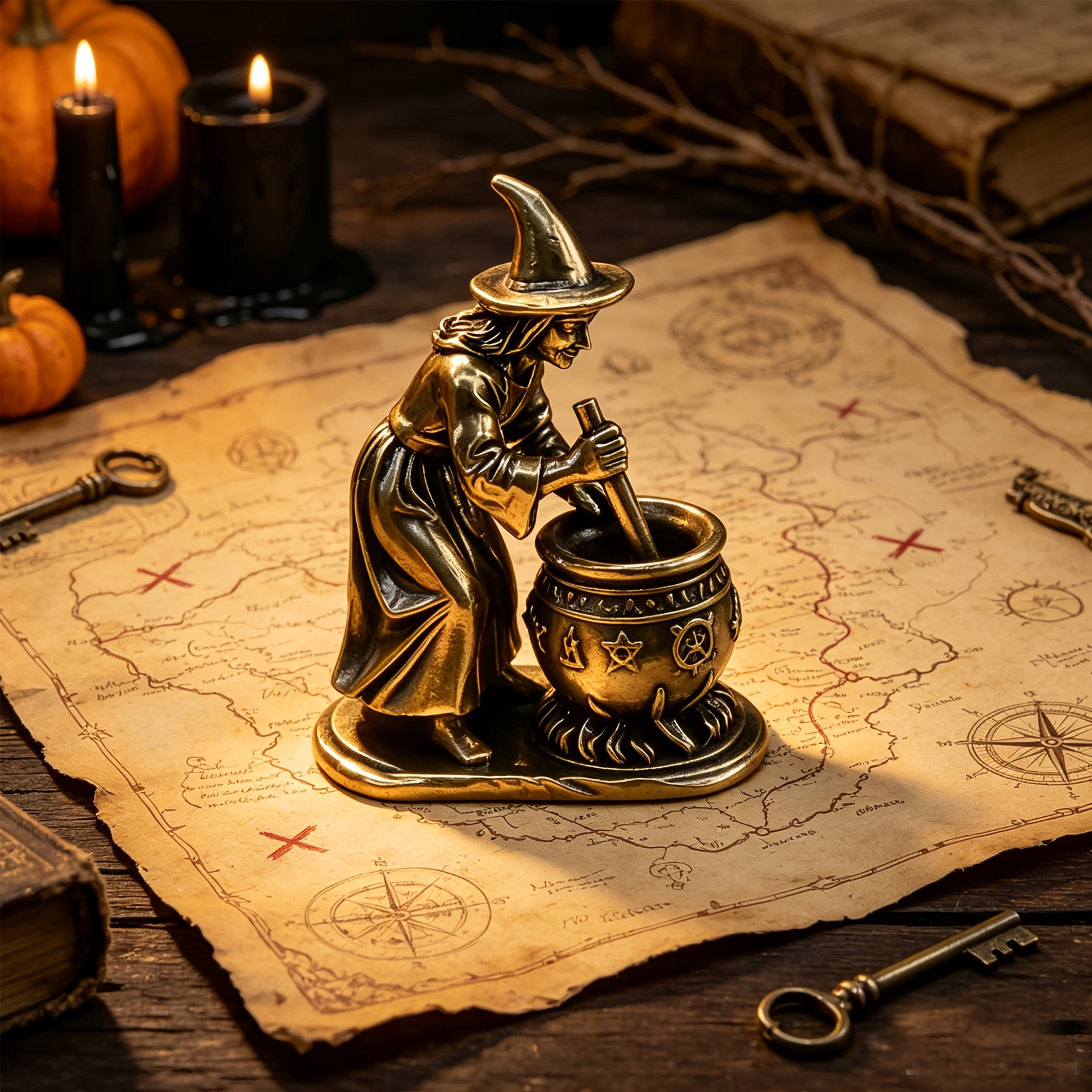 TEMU Vintage Magic Mortar And Pestle Metal Ornament - Collectible Figurine, -style Desktop Decoration, Holiday Atmosphere Handmade Artwork, Halloween