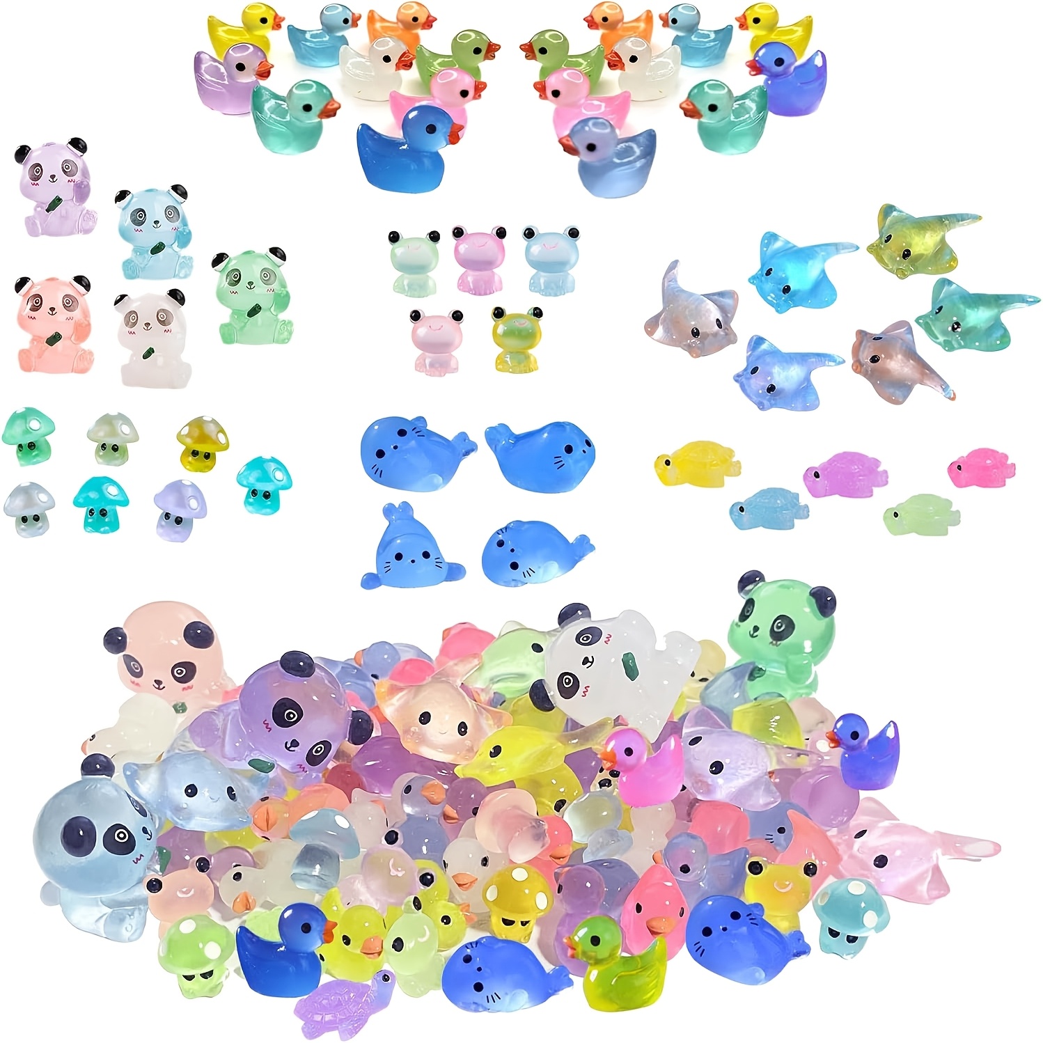 

65pcs Miniature Animal Figurines Set, Resin Glow In The Dark Cartoon Ducks, , , Manta , Seals, Mushrooms, Frogs For Diy Garden, Micro Landscape, Aquarium, Potted Plant Decor, No Battery Needed