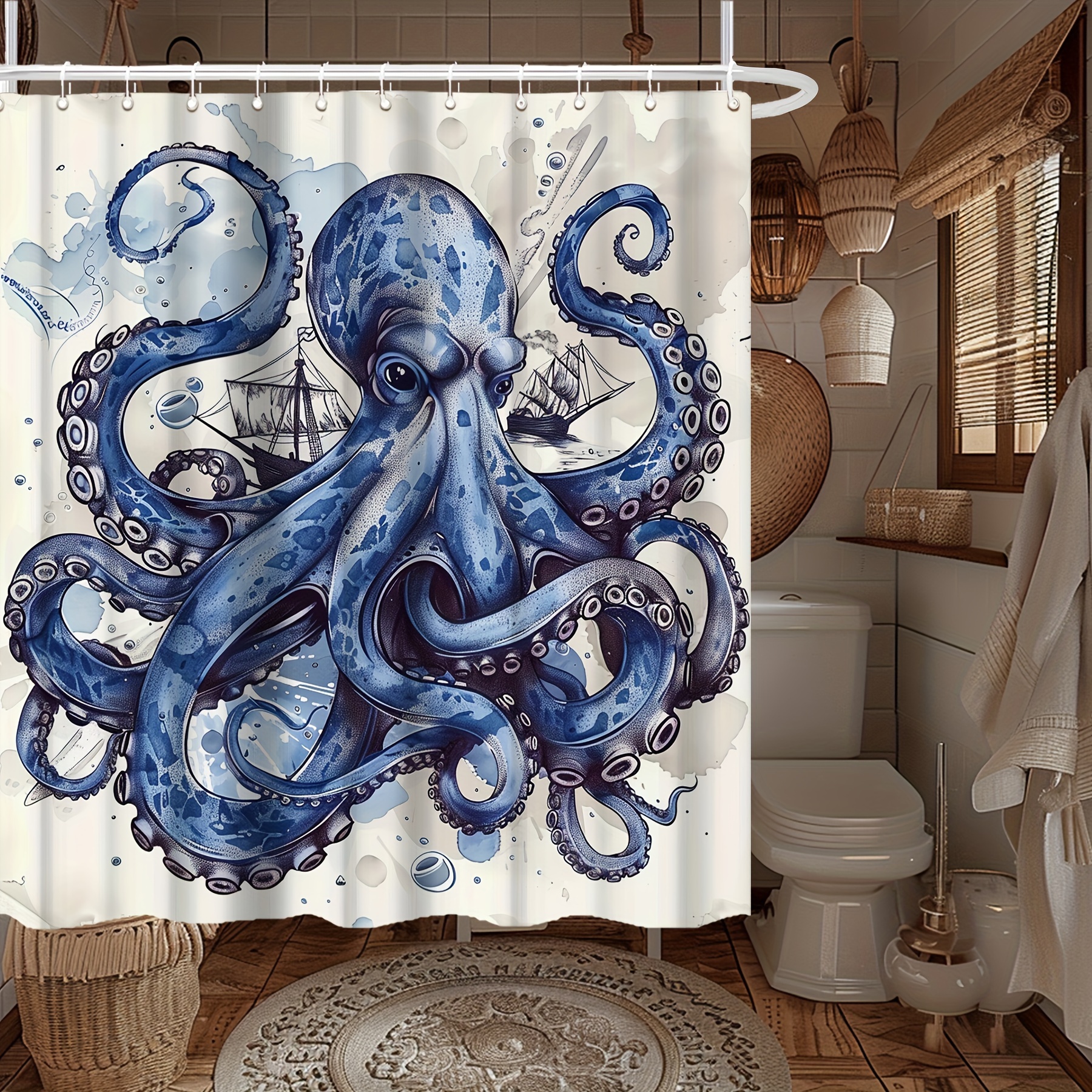 

1pc Blue Octopus Tentacles Wrapped Around Ocean Elements Print Shower Curtain, With 12 Hooks, Suitable For Bathroom Decoration And Window Decoration - 71inx71in Room Decoration