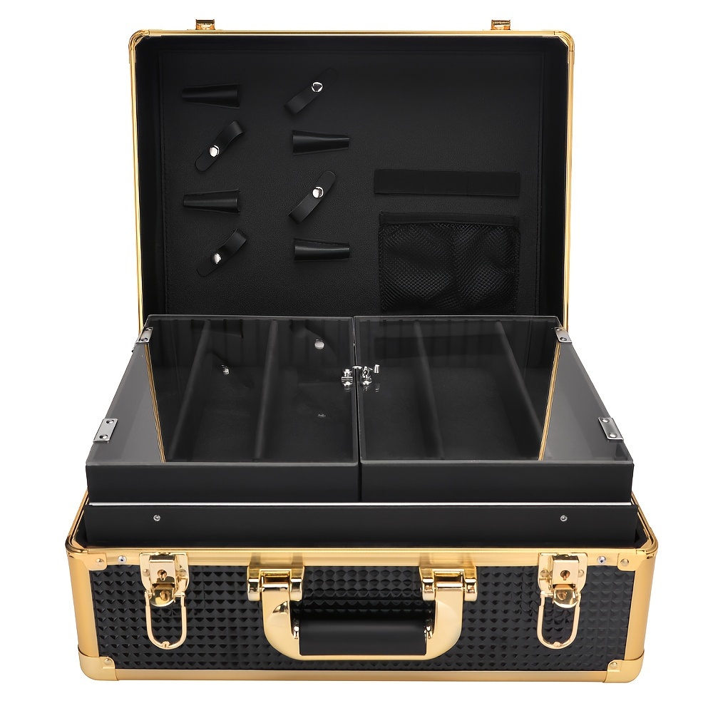 professional hair styling kit luxurious golden and black travel case for hairdressers includes scissors combs brushes and more details 0