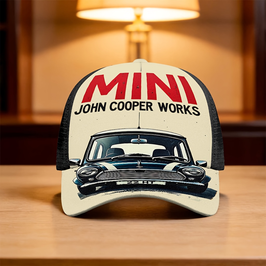 TEMU Mini Retro Car Pattern Printed Mesh Baseball , Adjustable Buckle, Breathable Mesh Surface, Casual All-match Accessory, Good For Outdoor Sports