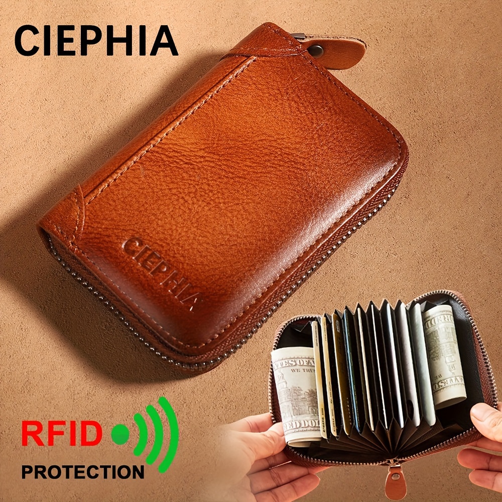 

1pc Men Genuine Leather Card Holder Vintage Short Zipper Wallet With 9 Card Slots, 2 Slot, Rfid Blocking Protection Top Layer Cowhide Credit Card Bags