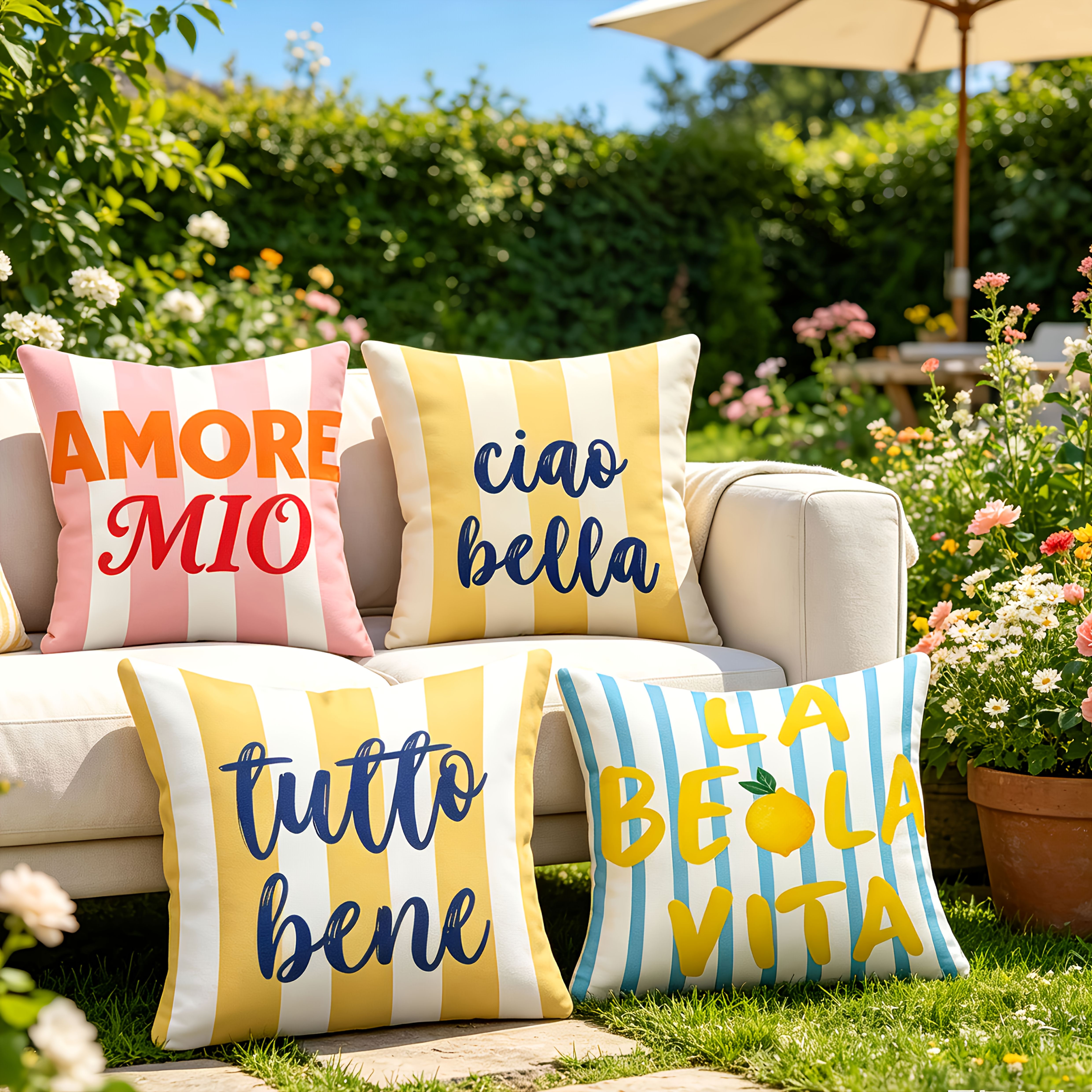 TEMU 4pcs Italian Summer Striped Throw Pillow Covers, Outdoor, Patio Decorative Cushion Cases, Machine Washable, Sizes , "amore Mio" " Bella" Lemon