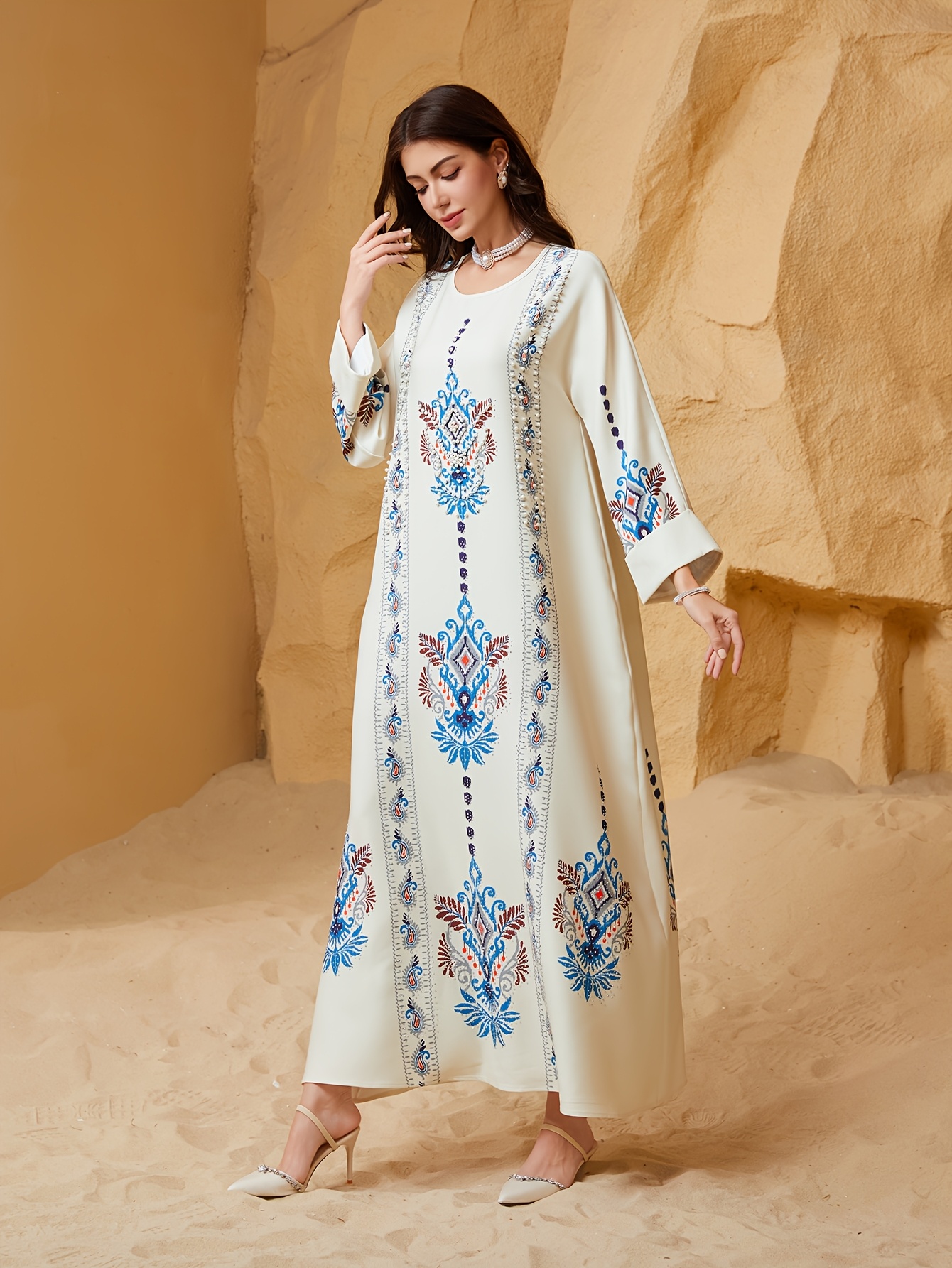Women's Middle Eastern Jellabiya Dress - Floral Print Pearl-Embellished  Long Sleeve Arabic * Evening Gown, Lightweight Luxury Traditional Attire  for Weddings & Formal Events, Spring Summer Fall ...