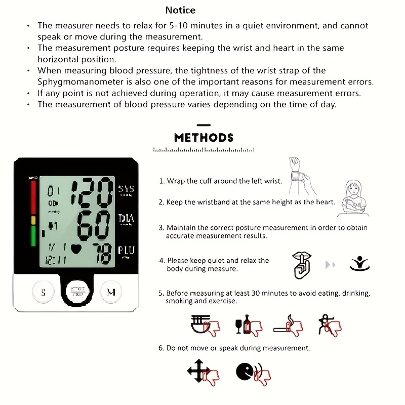 1pc wrist   automatic wrist bp monitor talking blood pressure cuff for home use adjustable cuffs for adult electronic digital large lcd display batteries not included Product details 2