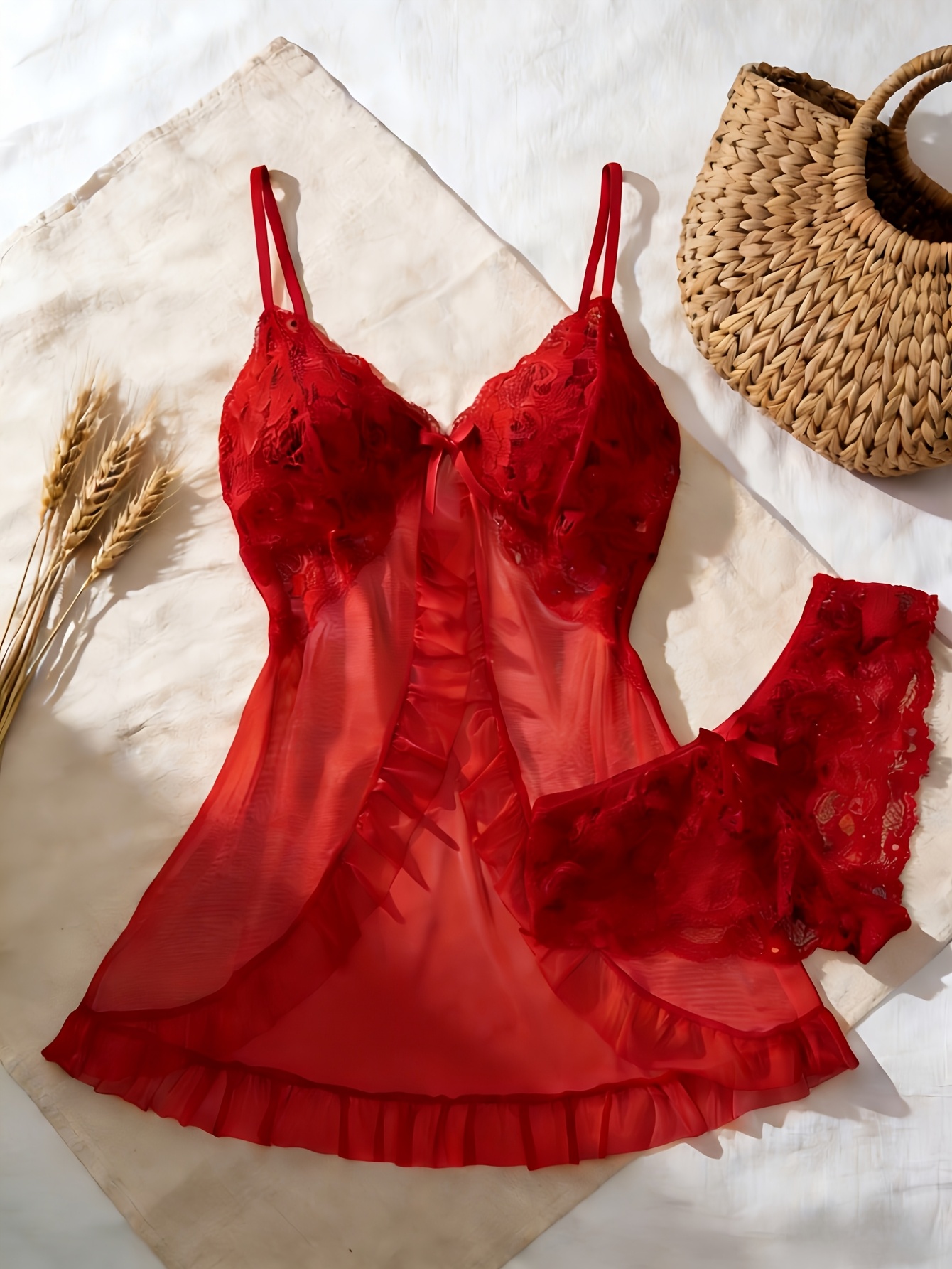 Conjunto de dos piezas sexy para mujer con hebilla frontal - Vestido de encaje francés de muñeca + Pantalón de tirantes de malla para estar en casa - Imagen 6