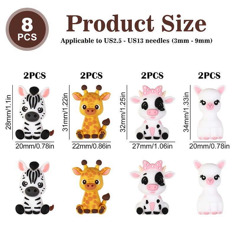 TEMU Set da 8 pezzi di fermagli per da maglia a forma di simpatiche perline animali 3D , zebra, , alpaca, protezioni per punte di , prevengono lo