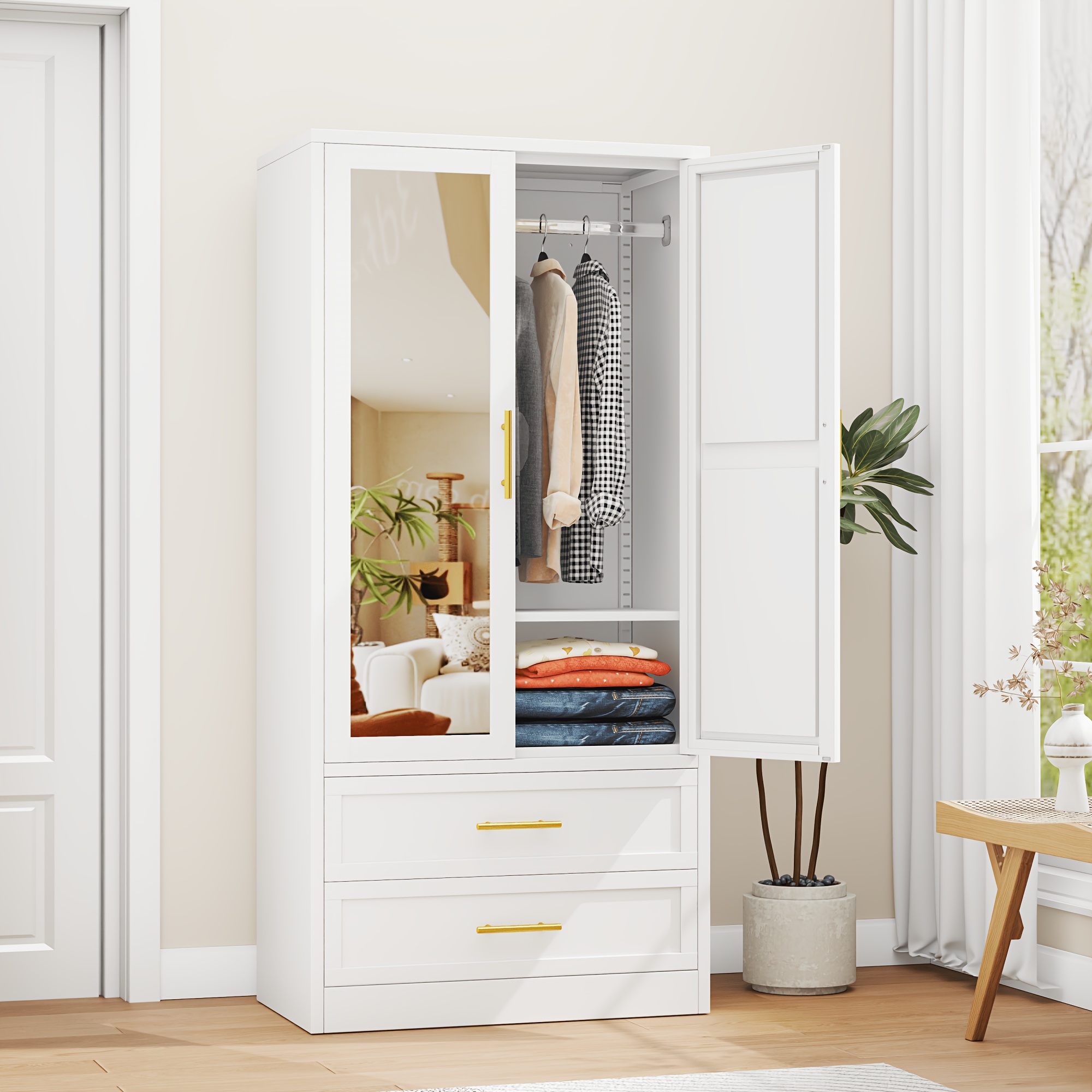 TEMU 71 Inch Metal Wardrobe With Mirror, 2 Drawers, Adjustable Shelves And Hangers, Clothing Storage Cabinet For Bedroom