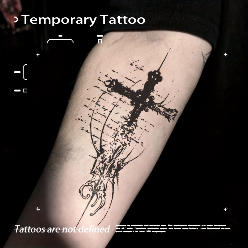 1pc Gothic   Tattoo Patch - Long-Lasting Waterproof Temporary Tattoo with Black & White Cross & Barbed Wire-like Design, Intricate Gothic Lettering & Numbered 1-4 Style - Easy Application for Arm, Leg, Back, Chest - Y2K Aesthetic, Gothic Lettering, Tattoo Party, Halloween, Concerts, Festivals - Durable & Safe Formula (No Permanent Markers) - Retro & Korean- 
