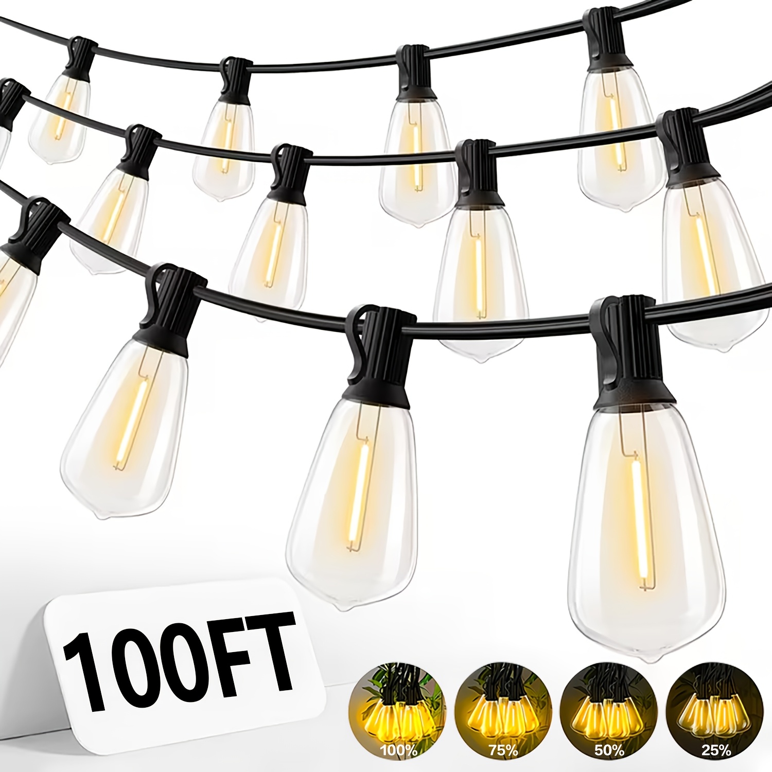 IP44 Dimmable Warm White LED Outdoor String Lights with Shatter-Resistant ST38 Bulbs, Multiple Lengths 50 to 200 ft