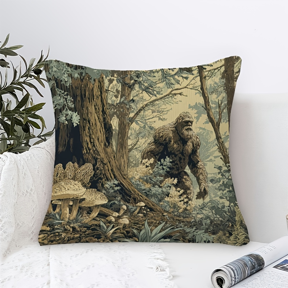 TEMU [-themed Pillow Case] 1pc Sasquatch And Mushroom Forest Pillow Case - -themed Home Decor, Soft Plush Zippered Cushion Cover For Sofa, Living