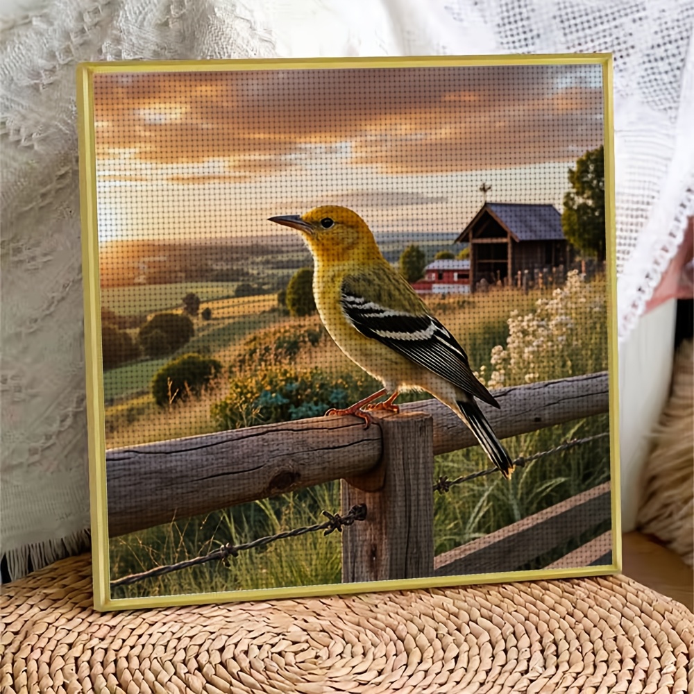 Cross Stitch Kit, Yellow Bird on Fence at Sunset