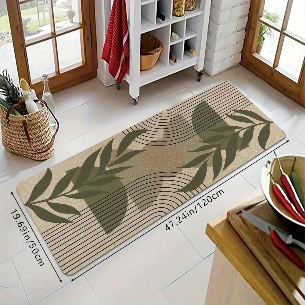 TEMU 1pc Creative Easy Striped Leaf Print Mat, Soft Non-slip Water-absorbing Machine Washable Kitchen Mat, Rectangular Low-pile Home , Suitable For