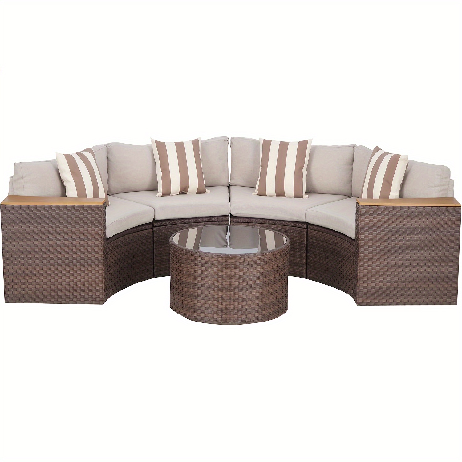 Outdoor Half Moon Patio Furniture 5pcs Curved Outdoor Sofa, All-Weather Outdoor Sectional Furniture Patio Conversation Sets with Round Tempered Glass Top Table with Cushion