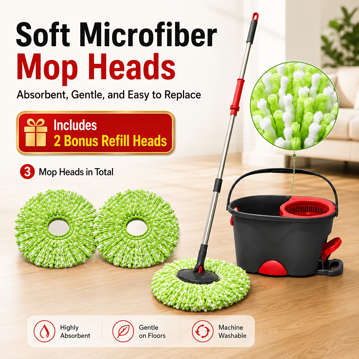 Image of Spin Mop Bucket Set With Foot Pedal Wringer, Adjustable Stainless Steel Handle, And 3 Microfiber Mop Heads, Suitable For Tile, Hardwood, And Laminate Floor Cleaning