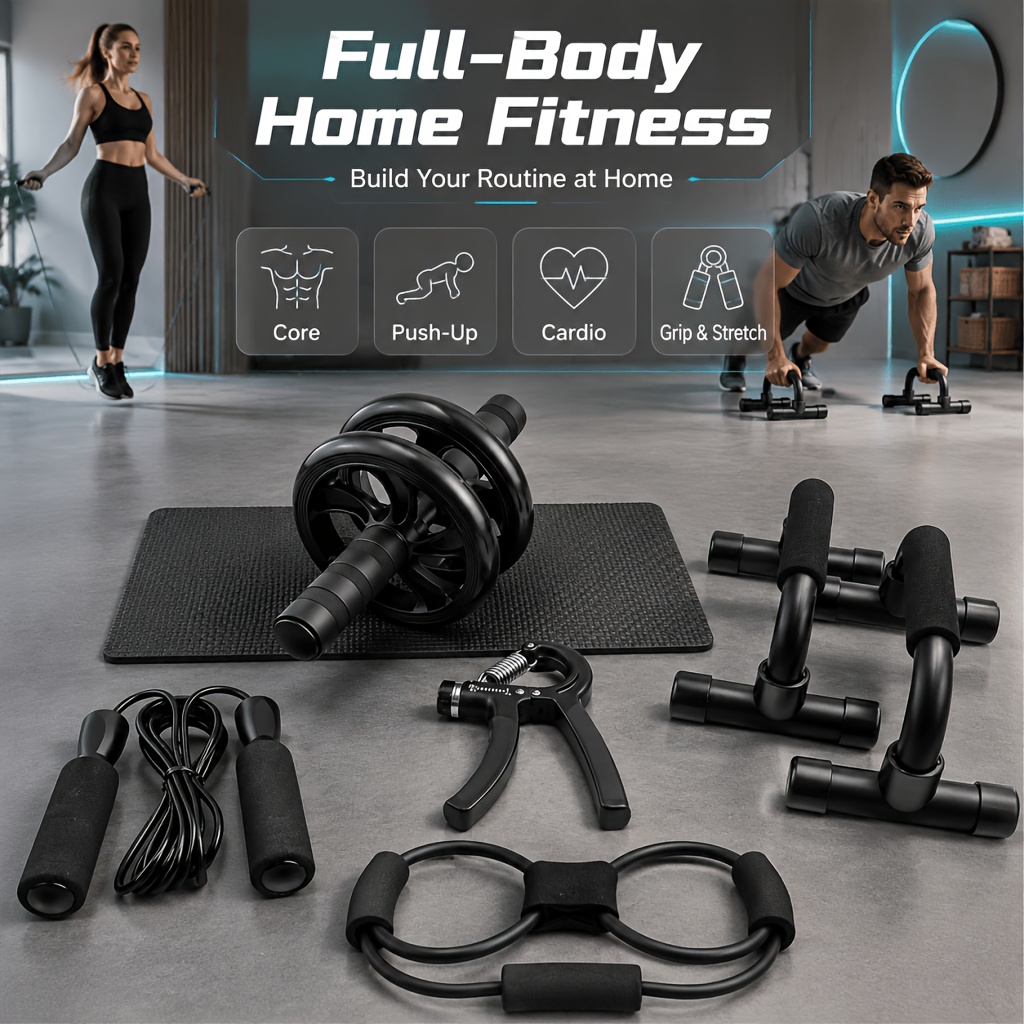 ABAHUB 6-in-1 Home Fitness System with Ab Roller Push-Up Stand, Jump Rope Grips, Bands & Full Body Workout Equipment Sui