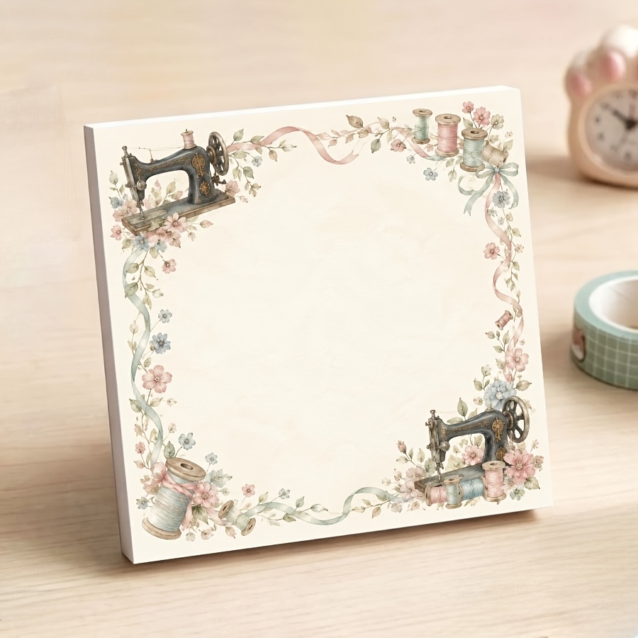 TEMU Vintage Naaimachine Bloemen Niet-Klevend Notitieblok, Schattig Draad Spoel Afneembaar Memo Pad, Elegant Schrijfvel voor Naai Liefhebber Cadeaus,