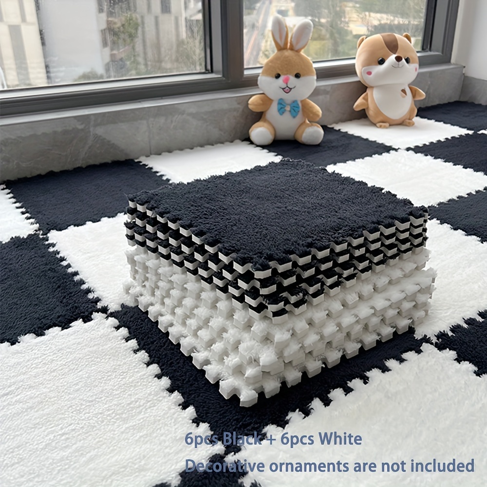 

12pcs Soft Plush Interlocking Floor Tiles - Washable, Non-slip Eva & Polyester Carpet Squares With Free Strips For Home Decor, Cuttable, 1.1 Square