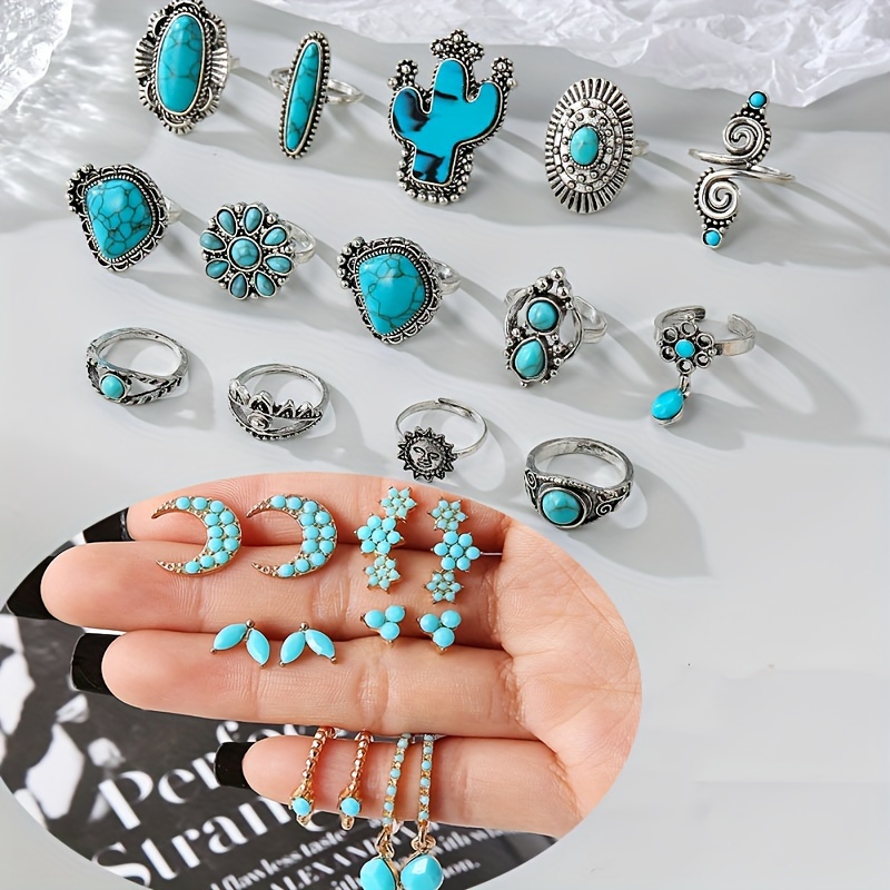 

14 Piece Rings Vintage Bohemian Turquoise Cactus Set Rings And 6 Pairs Of Minimalist Turquoise Star Moon Leaf Geometric Earrings For Women