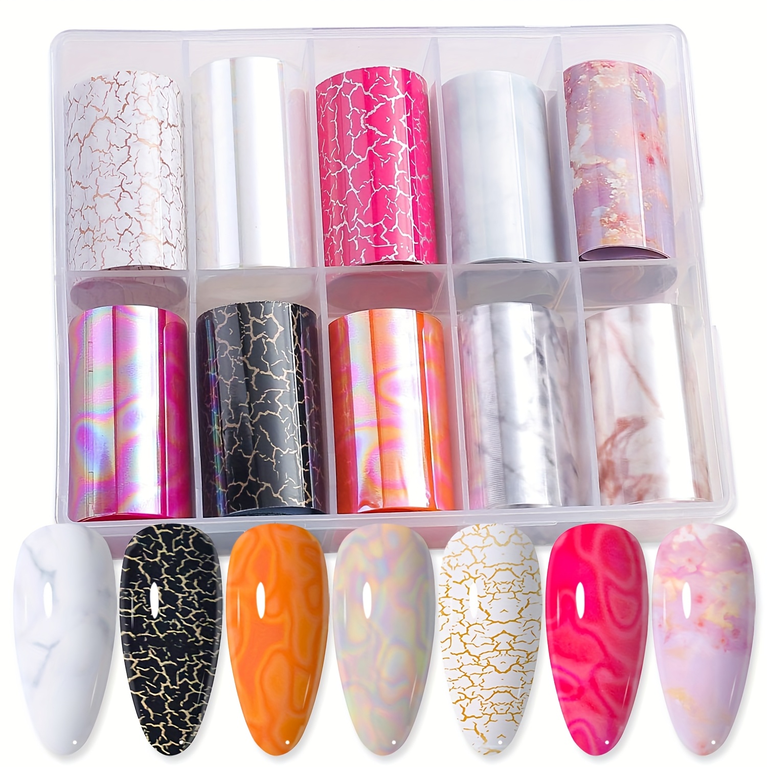 Image of 10 Rolls/box Marble Nail Foil Transfer Stickers Set, Holographic Aurora Nail Foils, Marble Decals For Laser Nails, Aluminum Foil Nail Transfers For Alumium Manicure Art