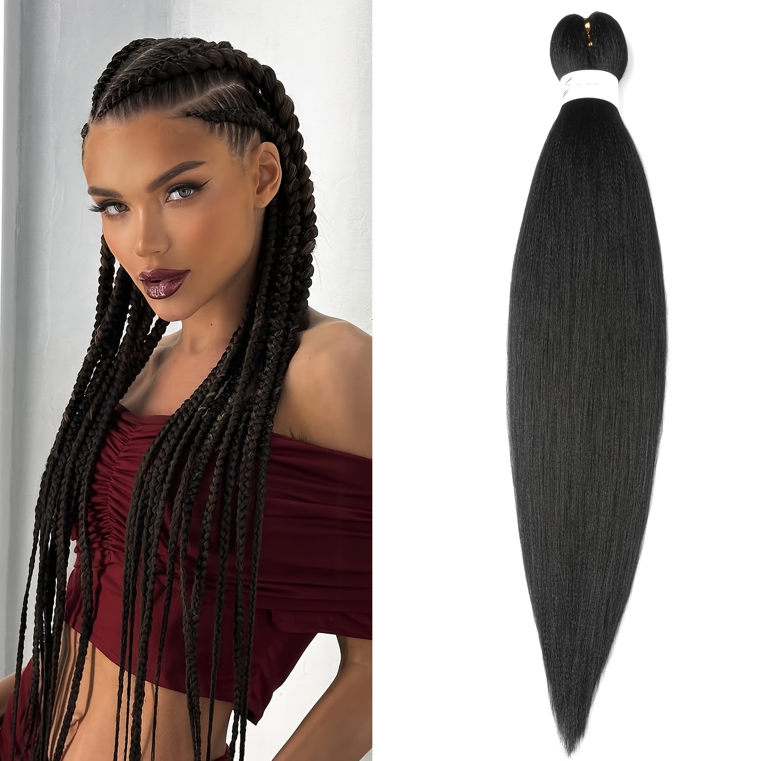 TEMU Black Pre Stretched Braiding Hair Black Braiding Hair Pre Stretched Professional Soft Yaki Texture, Hot Water Setting Hair Extensions For Braids