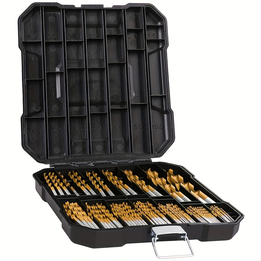 

Goxawee 99 Pieces Titanium Twist Drill Bit Set, 135° Tip High Speed Steel, Size From 1/16" Up To 3/8", Ideal Drilling In Wood/cast Iron/aluminum Alloy/plastic/fiberglass