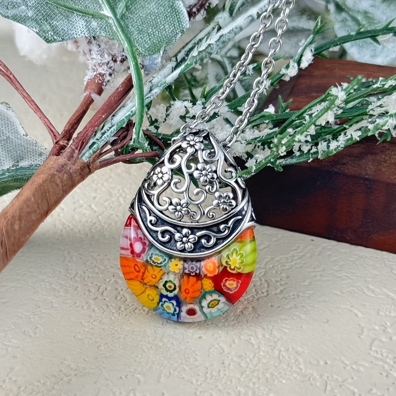 TEMU A Colorful Vintage Stainless Steel Pendant, A Flower Glass Pendant, A Daisy Flower Stainless Steel Pendant