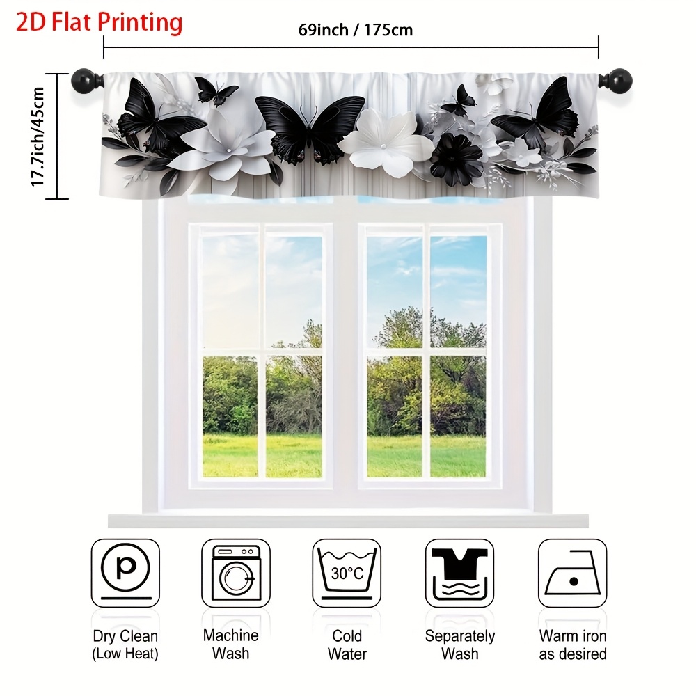 TEMU 2d Flat, 1pc & Floral Valance Curtain With Pocket Rod - Semi- Sheer Panel, Flat-printed Flower Window Valance For Bedroom,, Bathroom - Machine