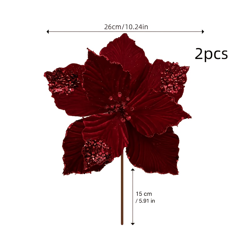 TEMU 2pcs Burgundy Velvet Christmas Poinsettia Decorative Flowers With Multi-layered Three-dimensional Petals, Sparkling Beads, Featuring A Delicate