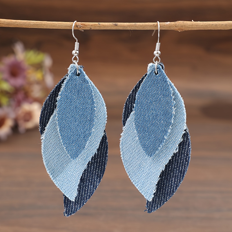 TEMU Un par de aretes de moda de PU de hoja, multicapa, con bloques de color, estilo mezclilla vintage