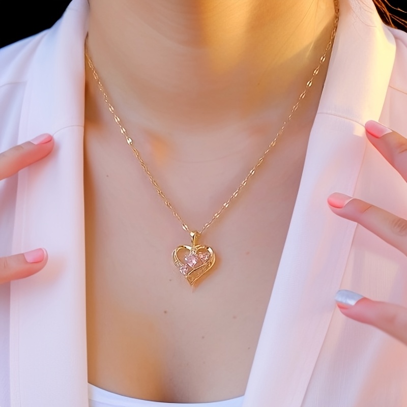 TEMU 2025 High-end Light Luxury Niche Inlaid With Pink Synthetic Zirconia Love Love Pendant, Collarbone Chain, Women's Versatile Stainless Steel