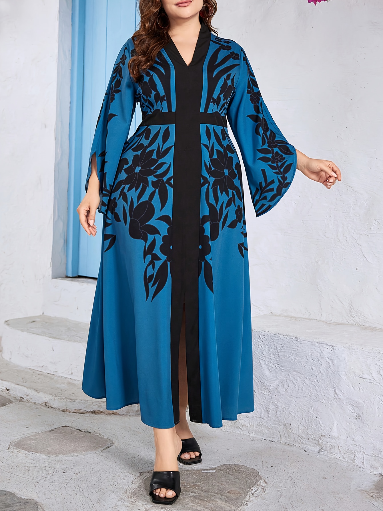 Blue Plus Size Elegant V-Neck Long Sleeve Maxi Dress with Floral Print, High-Low Hem, Loose Fit – Comfortable Women’s Casual & Evening Dress for Spring/Summer/Fall