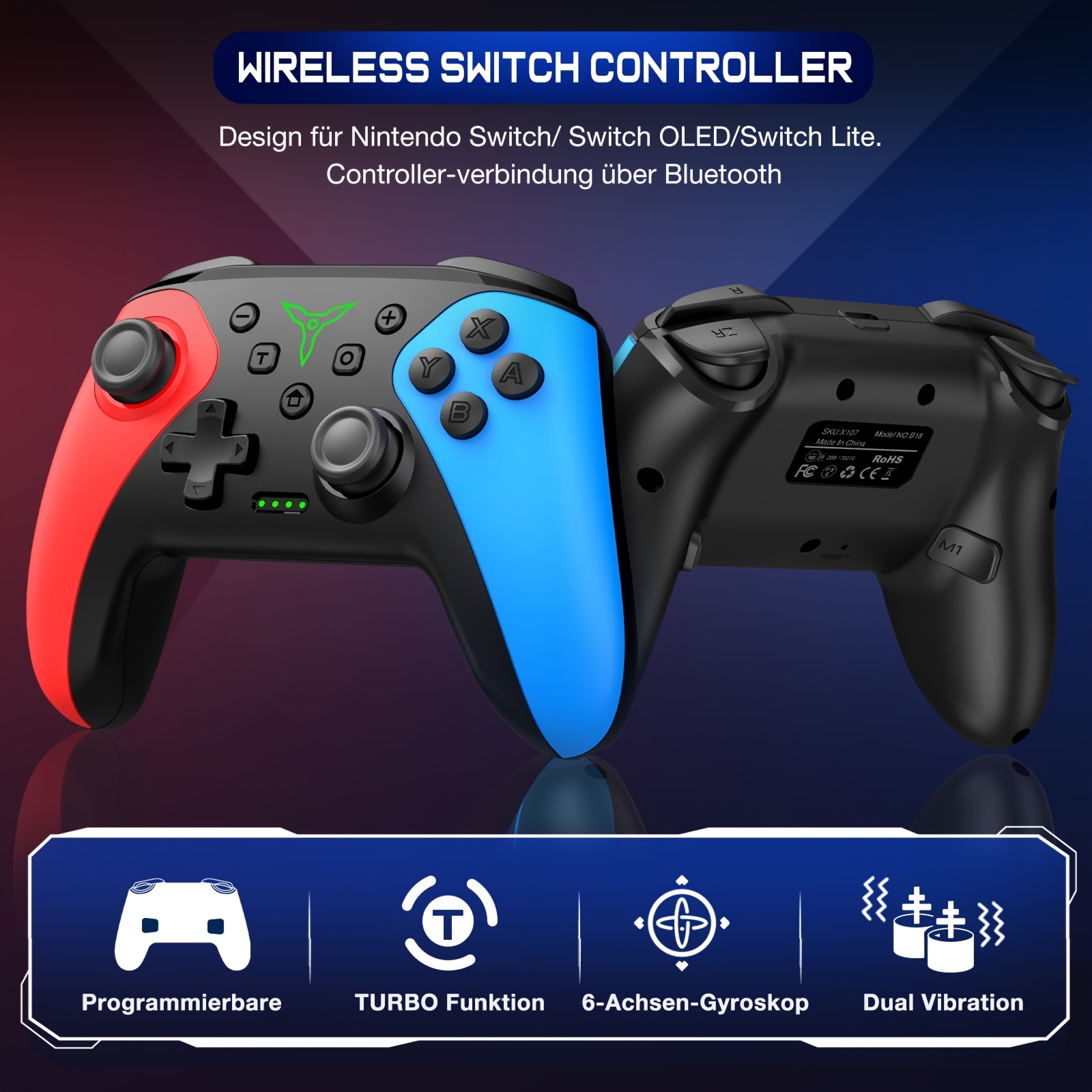 Wireless Controller For Switch Lite/OLED, Wireless Works With IOS/Android/PC With RGB Lighting, Programmable, TURBO & Wakeup Gamepad