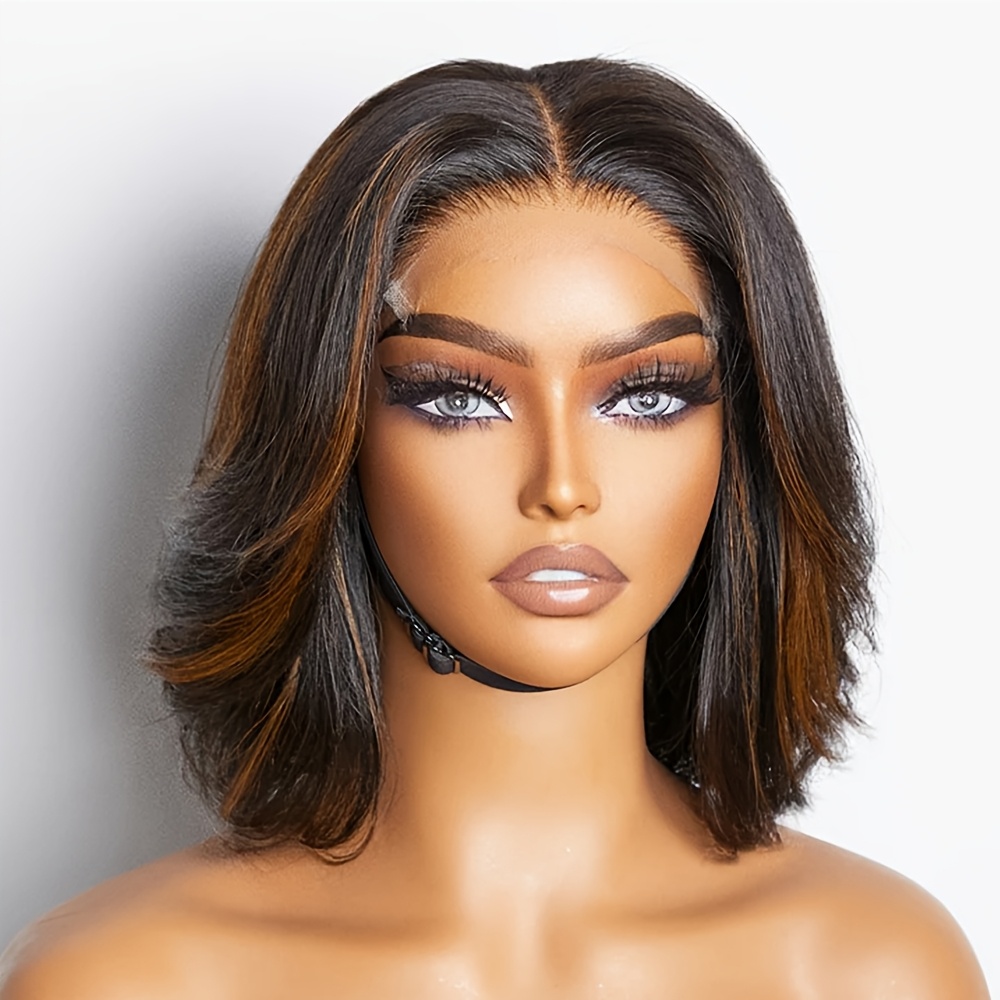 Brazilian Human Hair Bob Wig with 4x4 Lace Closure - 150% Density Body Wave Caramel Brown 30.48 cm Short, Pre-Plucked Baby Hair & Glueless Design, Adjustable Cap for Men & Women, All Ethnicities, Hair Wig