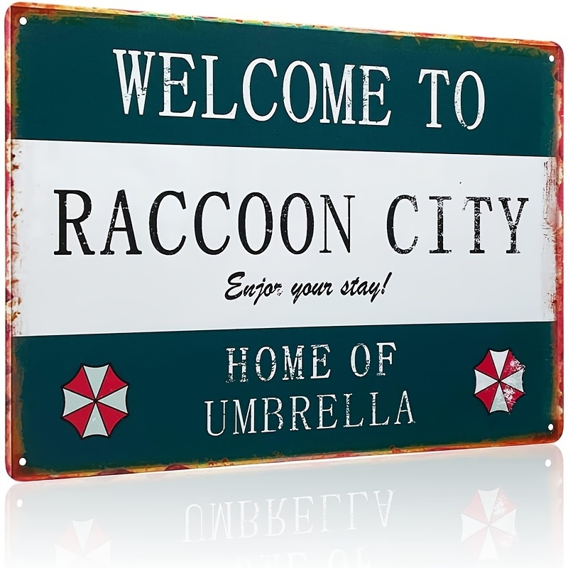 

Welcome To Raccoon City" Retro Metal Tin Sign - Home Decor, Durable Iron Construction, 12x8 Inches