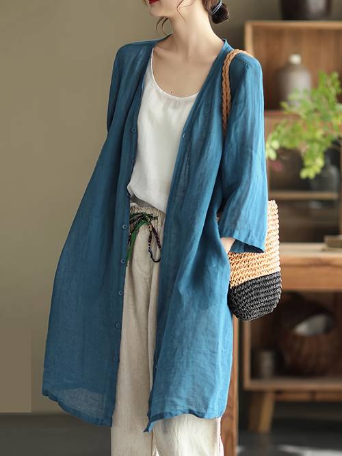 new loose length artistic retro solid color thin layered cardigan shirt