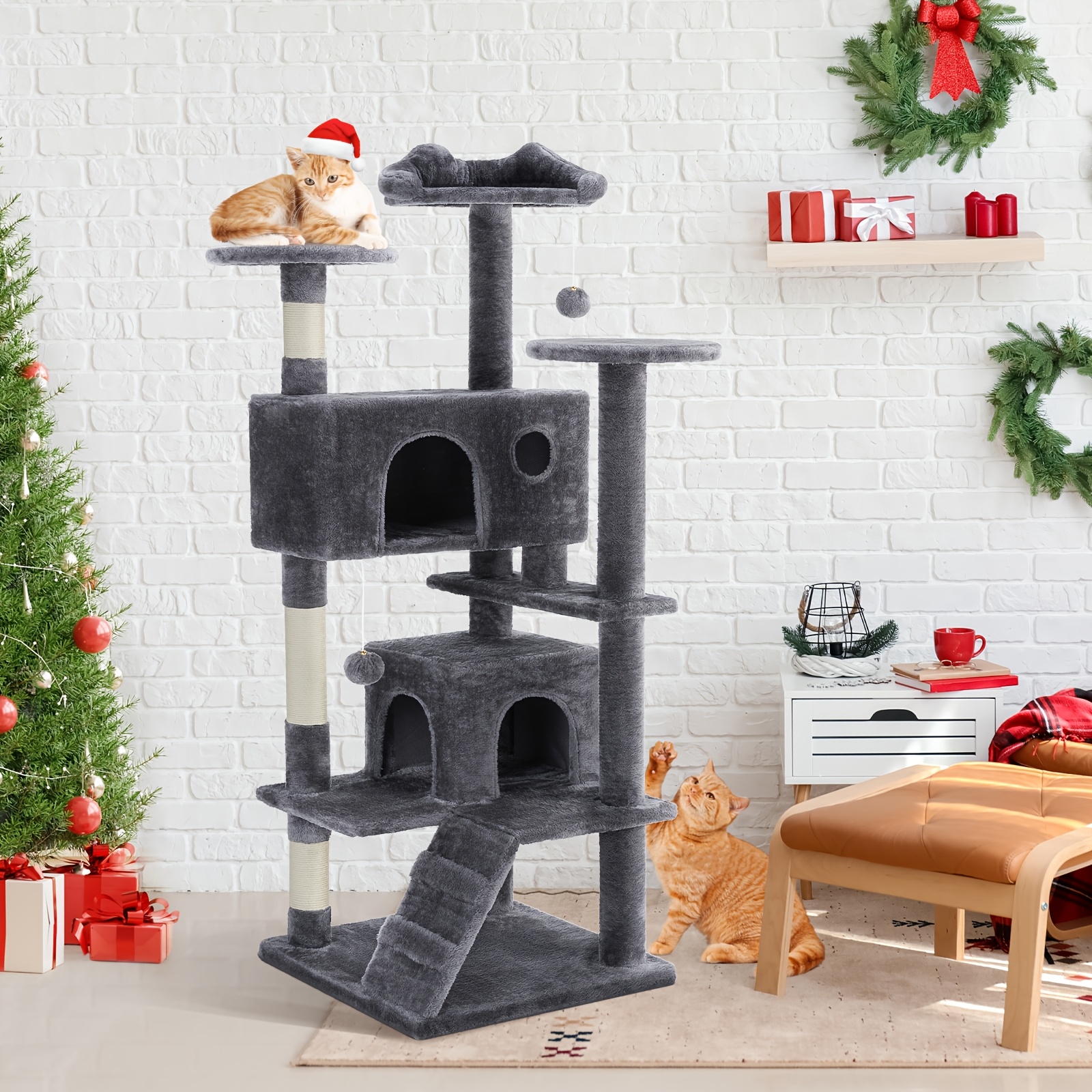 

54in Multi-level Cat Tree Tower With Sisal Cat Scratching Posts, Anti-tilt Device, 2 Large Condo Beds, , Luxurious House For Indoor Cats & Kittens, Entertainment Toy To Play, Anti-tilt Device