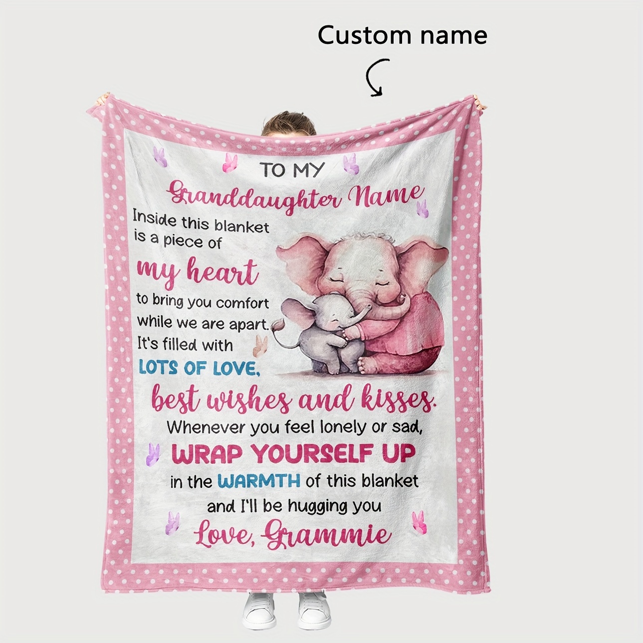 

1pc Digital Print Custom Blanket For Granddaughter Flannel Blanket Custom Name Suitable For Bedroom Sofa Travel Small Blanket, Pink Cute Elegant Blanket