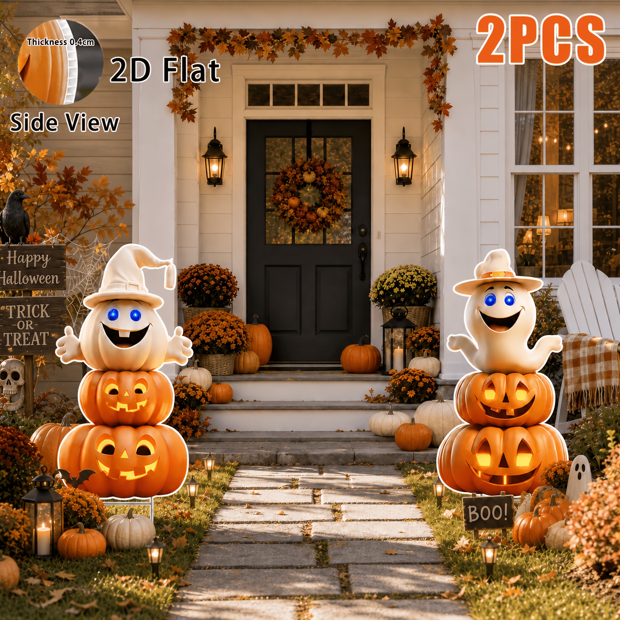 TEMU 2d Flat, 2pcs 43inch Ghost Halloween Decorations Plastic Yard Signs With Stakes, Spooky Halloween Pumpkin Decorations Outdoor, Scary Silhouette