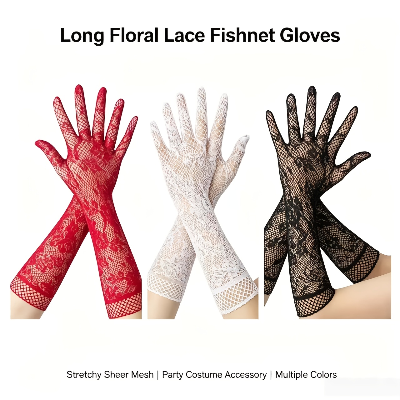 TEMU Women's Long Lace Mesh Gloves, Retro Elastic Sheer Evening Party Wedding Cosplay Gloves. Solid Color Floral Lace Net Long Gloves, Elegant Bridal