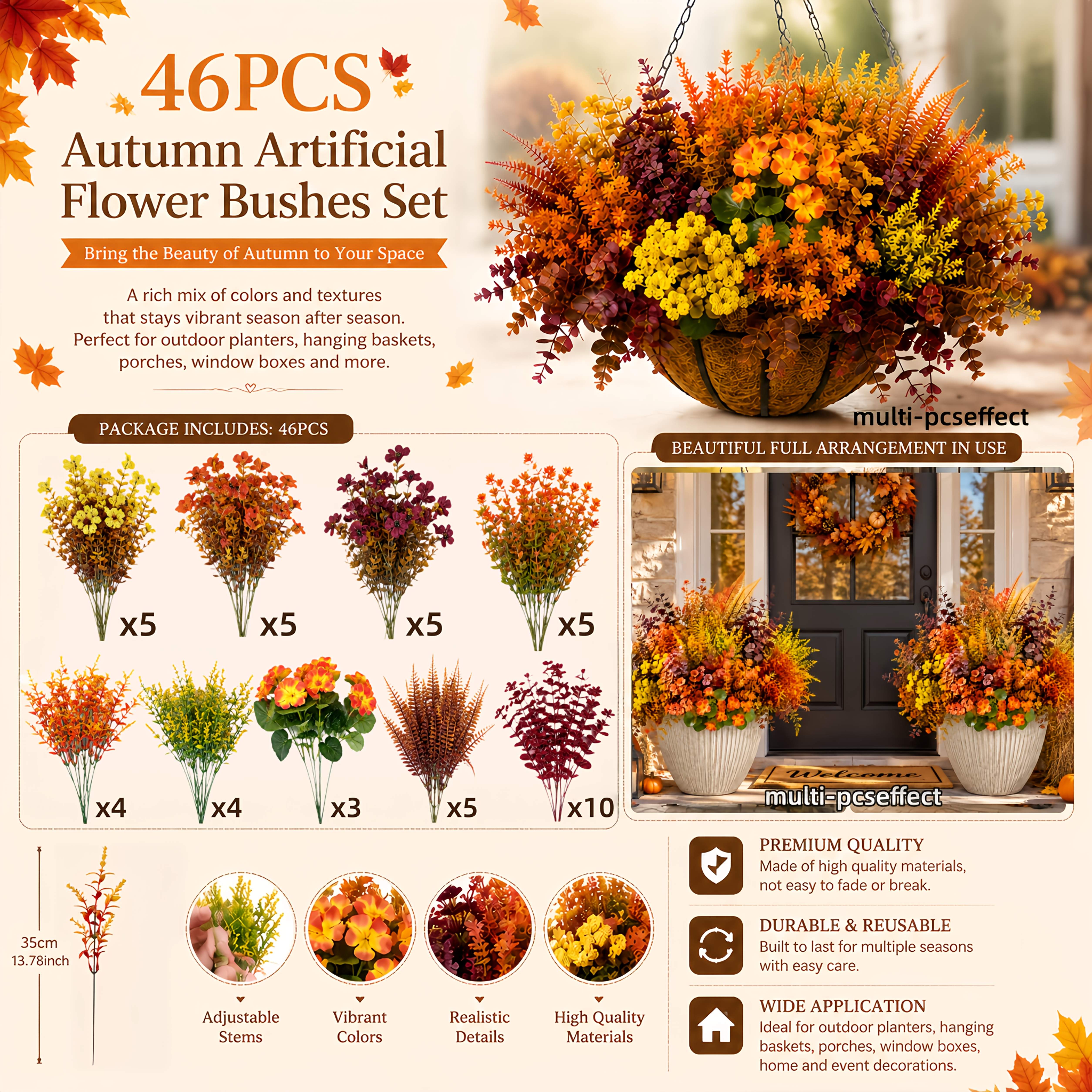 TEMU Ensemble de 46 branches de fleurs artificielles multistyles aux couleurs d'automne - 9 styles de plantes arbustives artificielles de la série