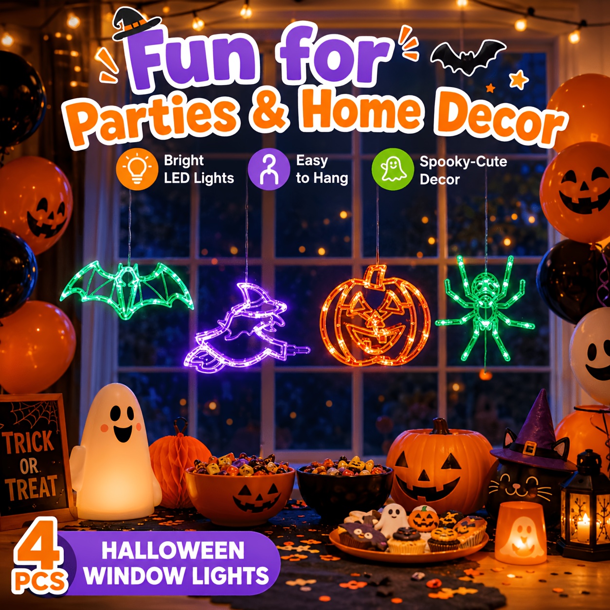 TEMU 4-pack For Halloween Window Lights Led Spooky Cute Decorations For Party, Home, Indoor Outdoor Use - Easy To Hang, Bright Glowing Trick Or Treat