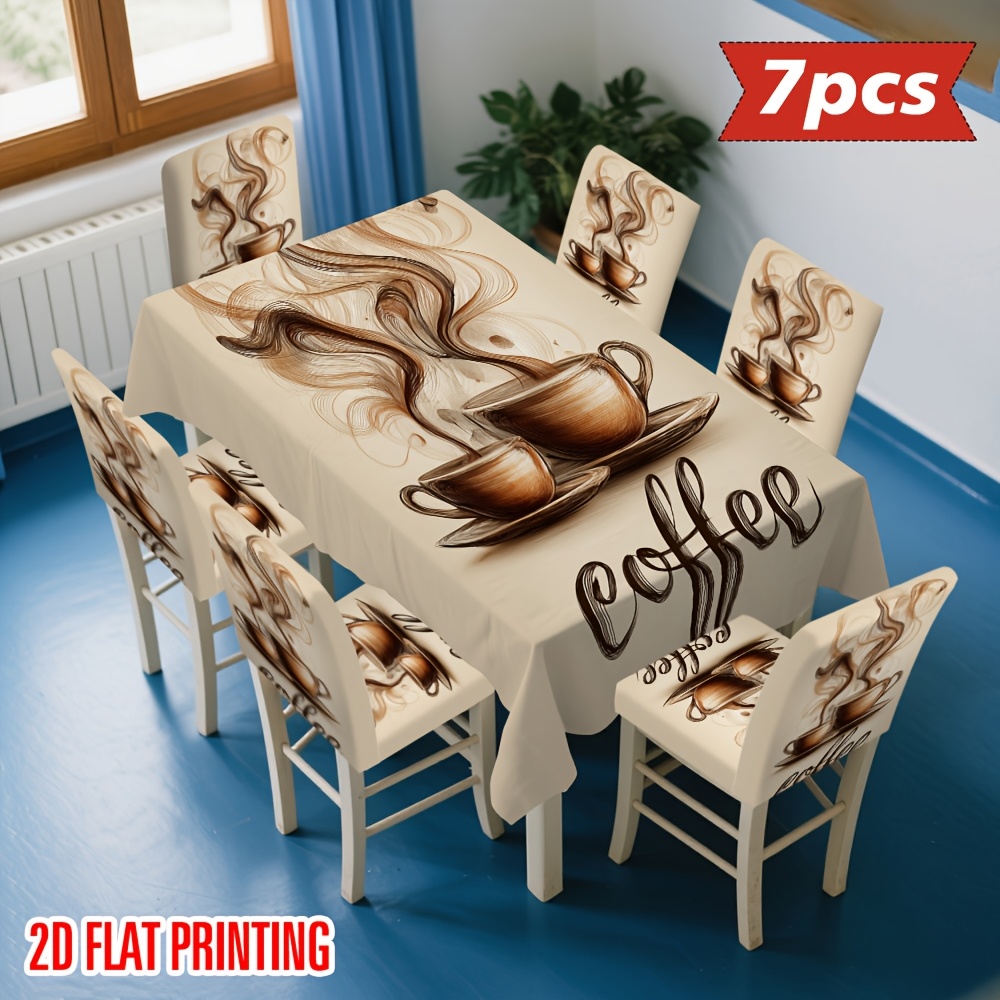 TEMU 2d Flat Printing 4/5/6/7pcs Vintage Coffee Steam Art Chair Cover And Tablecloth Set, Easy Setup & Care, Fits Home Decor, Living Room, Outdoor